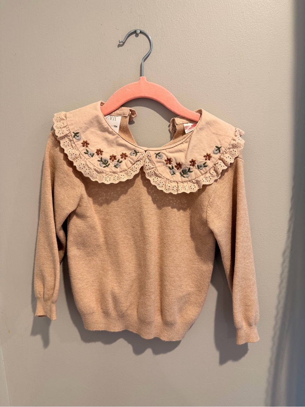 Zara Beige Sweater with Embroidered Peter Pan Collar